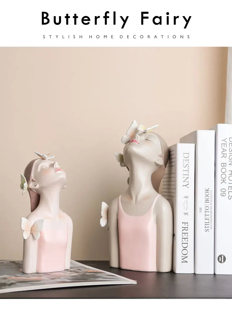 Pink Girl Butterfly Fairy Figurines, Resin Tabletop Statues, Creative Girl Bust With Butterflies, Home Decor Craft