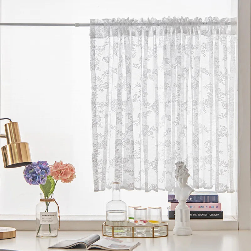 White Flower Lace Short Curtains with Wavy Lace Half Curtain