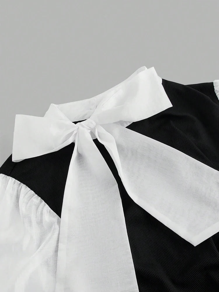 Plus Size Women's Elegant Contrast Bow Tie Long Sleeve A-Line Office Work Shirt Business