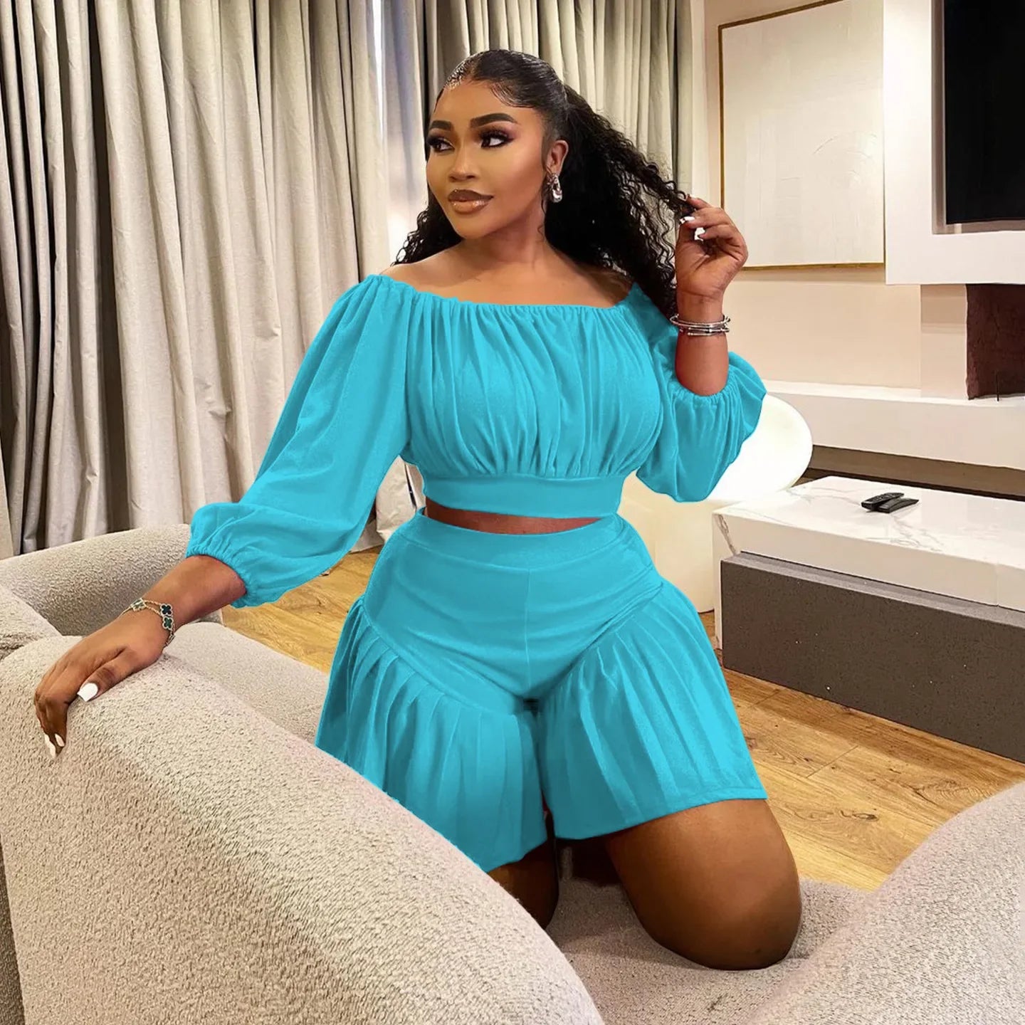 Plus Size Women's Set Long Sleeve Slash Neck T-Shirt and Shorts Summer Ruched Two 2 Piece Set Outfits Tracksuit