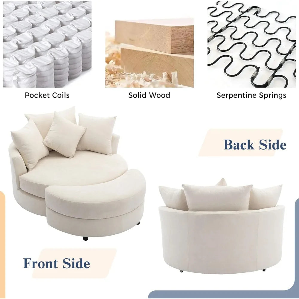 Swivel Book Nook Chair with Storage Ottoman and 4 Movable Pillow Backrest, 360° Rotating Round Barrel Sofa Chair