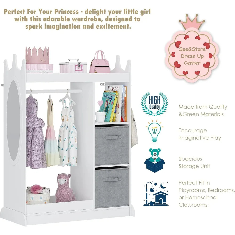 Kids Armoire Wardrobe Closet with Mirror and Storage Bin, Pink,  33.4 in W x 15.75 in D x 44.5 in H
