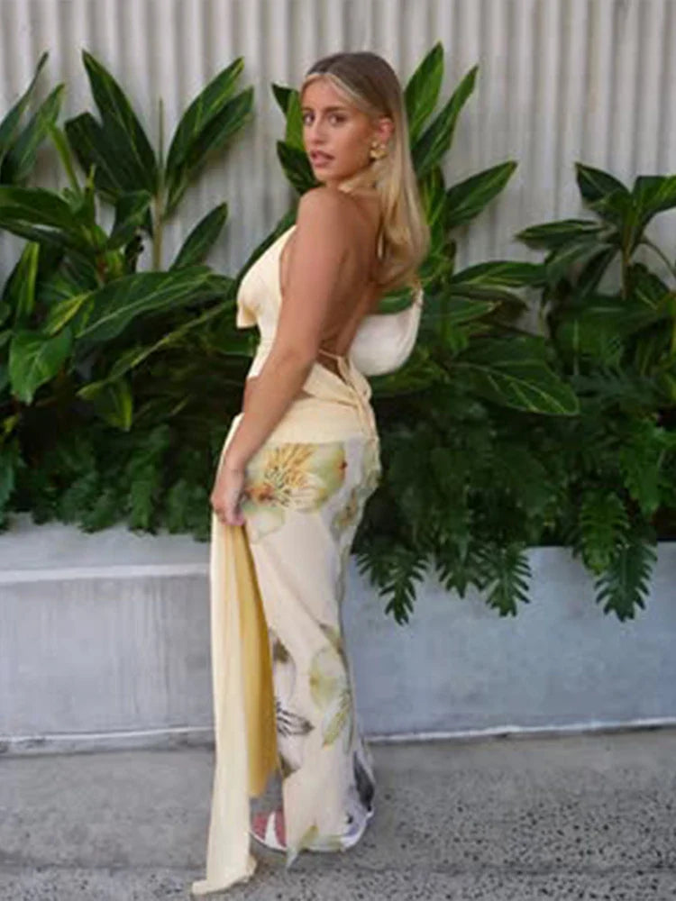 Women 3 Piece Set Stack Trend Halter Tops+Split Tassel Tassel+Flowers Mesh Skirts Matching Set