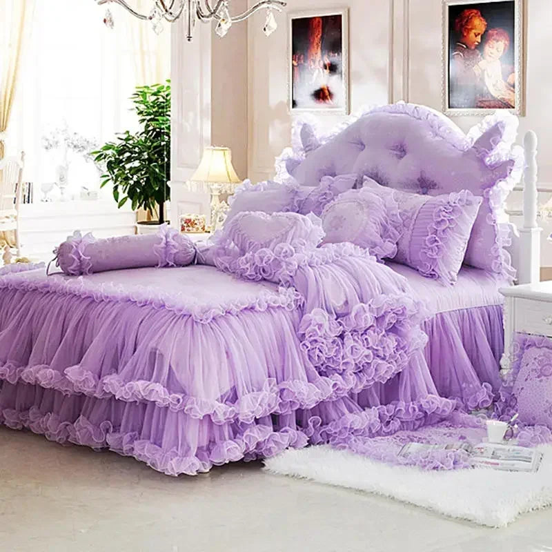 Pink Jacquard Satin Bedspread Bedding Set Luxury Princess Wedding Bed Set Lace Ruffle Duvet Cover Bed Skirt Pillowcases Cotton