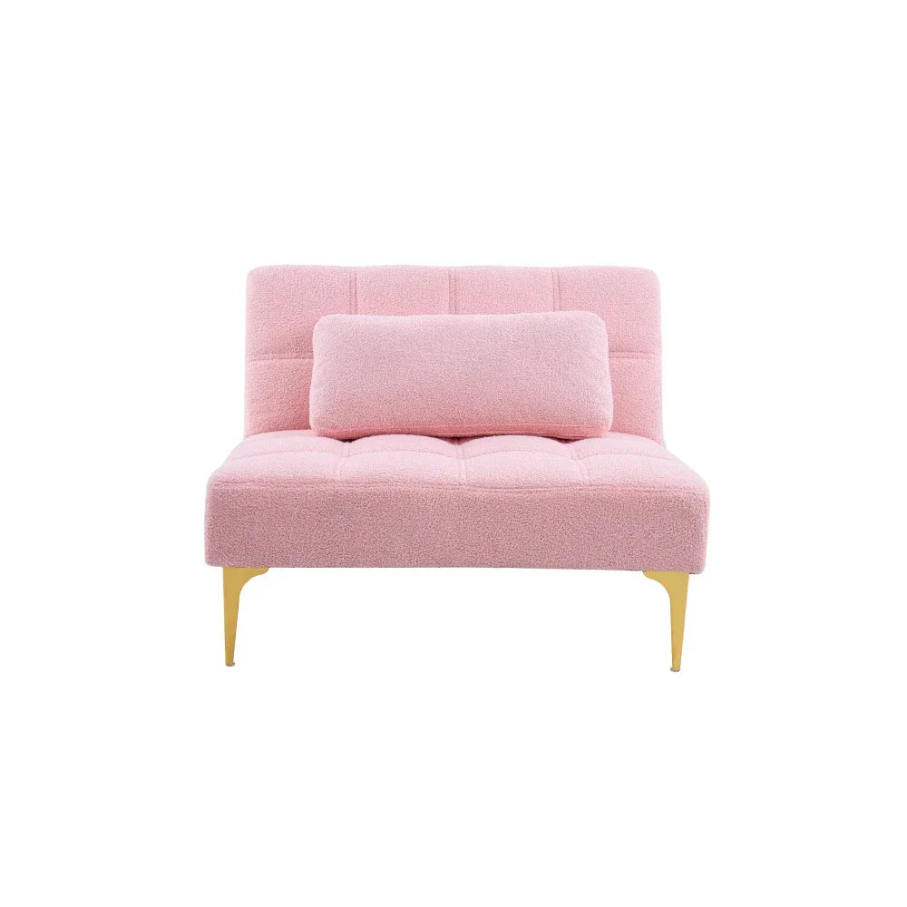 Pink Teddy Convertible Single Sofa Bed Futon With Gold Metal Legs Teddy Fabric