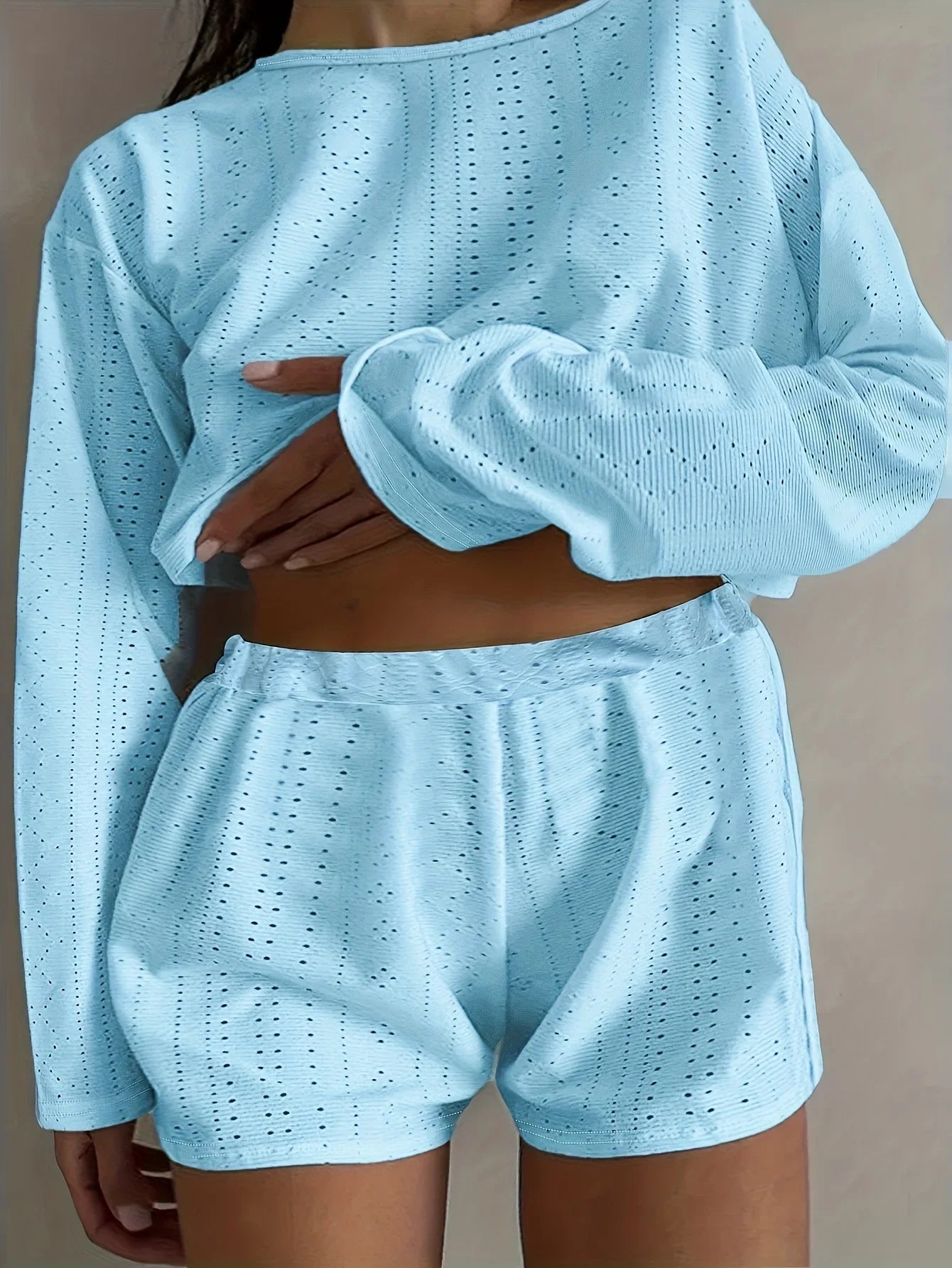 Plus Size Eyelet Casual Shorts Set, Crew Neck Long Sleeve Top & Shorts Outfits, Women's Plus Size Clothing