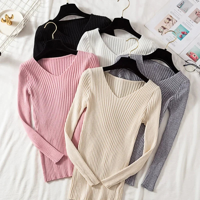 Women Sweaters Casual Long Sleeve Knitted V Neck Pullover Sweater Femme Basic Solid Jersey Tops Fashion Clothes