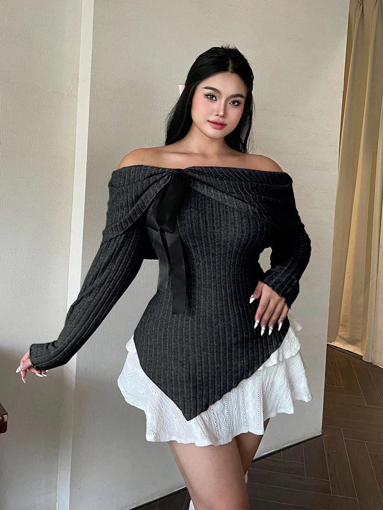 Plus Size Womens Solid Colour Strapless Long Sleeve Simple T Shirt Spring Daily Casual Dress Up Cute Wind Pure Colour Polyester