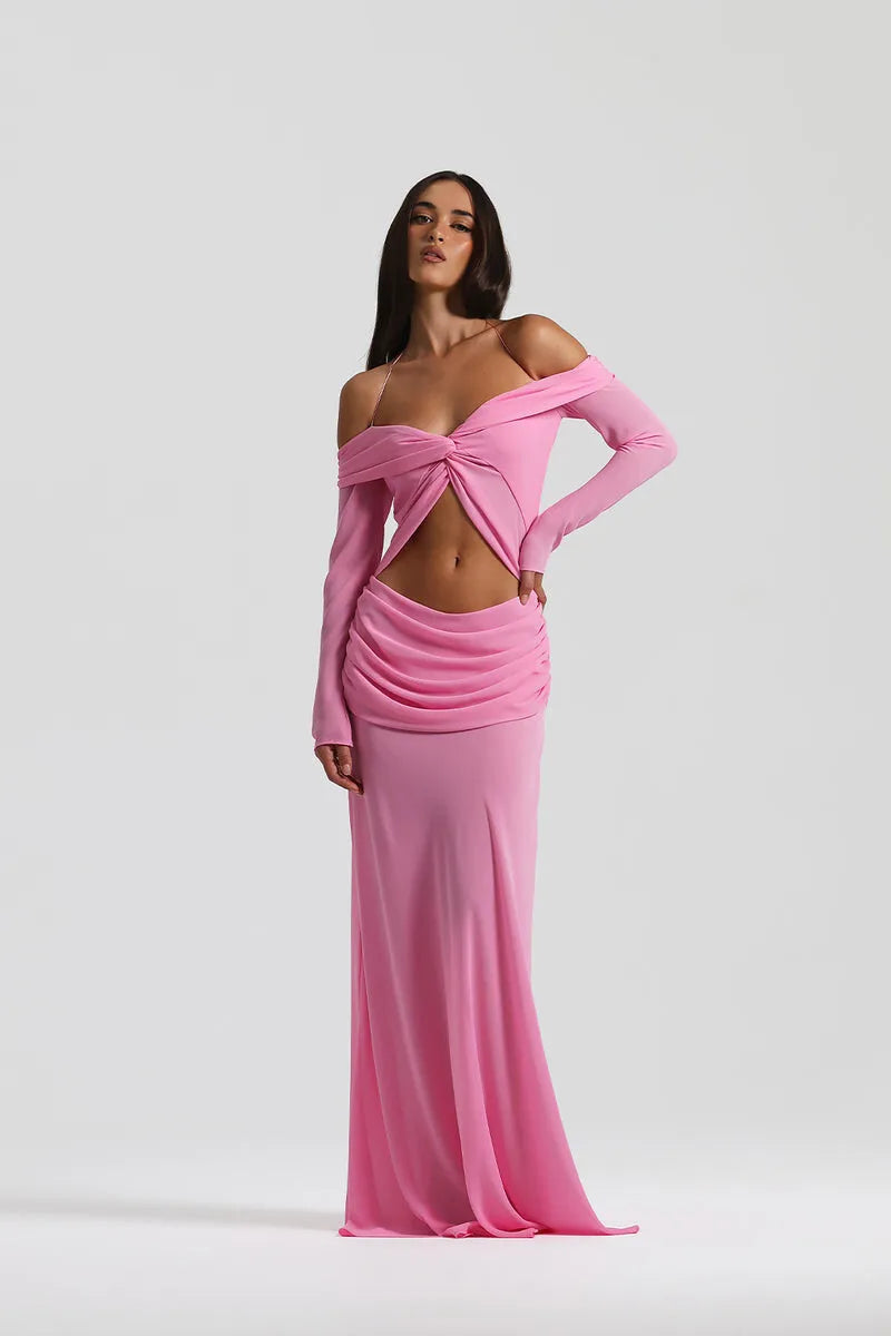 Hollow Out Ruched Sexy Maxi Dress Women Gown Halter Long Sleeve Strapless Backless Draped Slim Elegant Long Dress