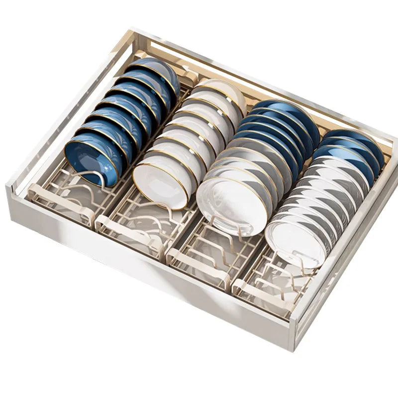 Pull Out Cabinet Dish Storage Rack Stainless Steel Plate Drain Stand Holder Kitchen Drawer Built-in Bowl Rack Basket Organizer