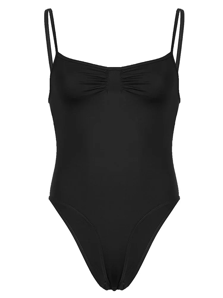 Sleeveless Skinny Shirring Skinny Sexy Spaghetti Strap Bodysuit For Women Black Solid Simple Basic Camisole