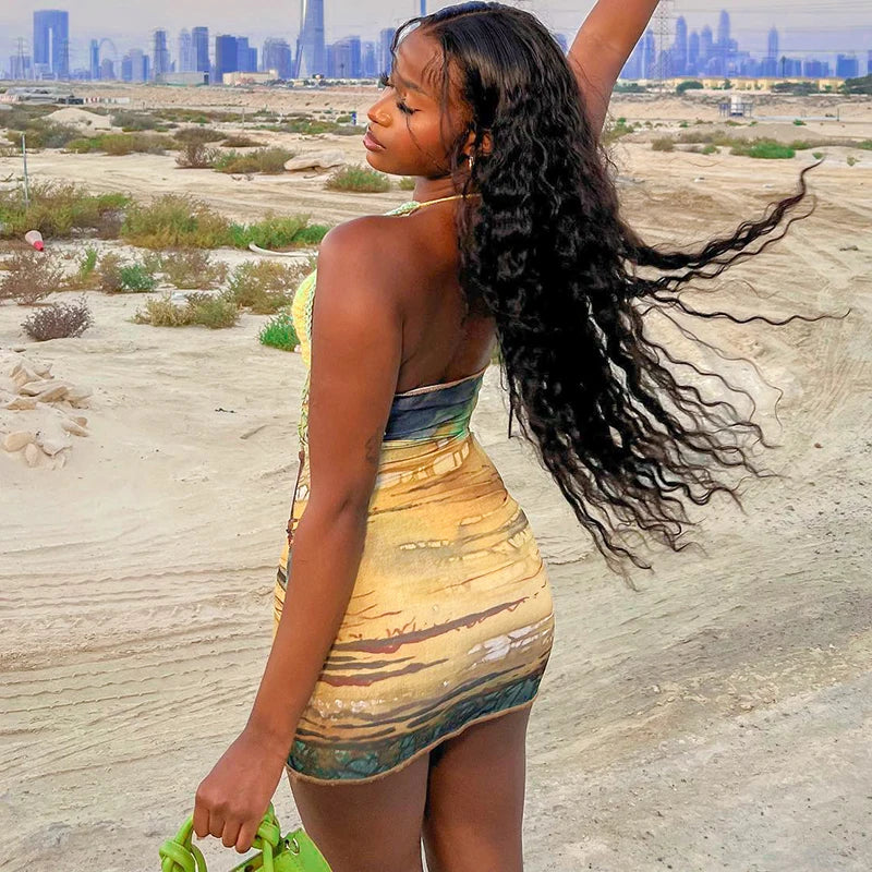 Halter Knitted Scenery Print Backless Lace Up Sexy Mini Dress Women Fashion Clothes