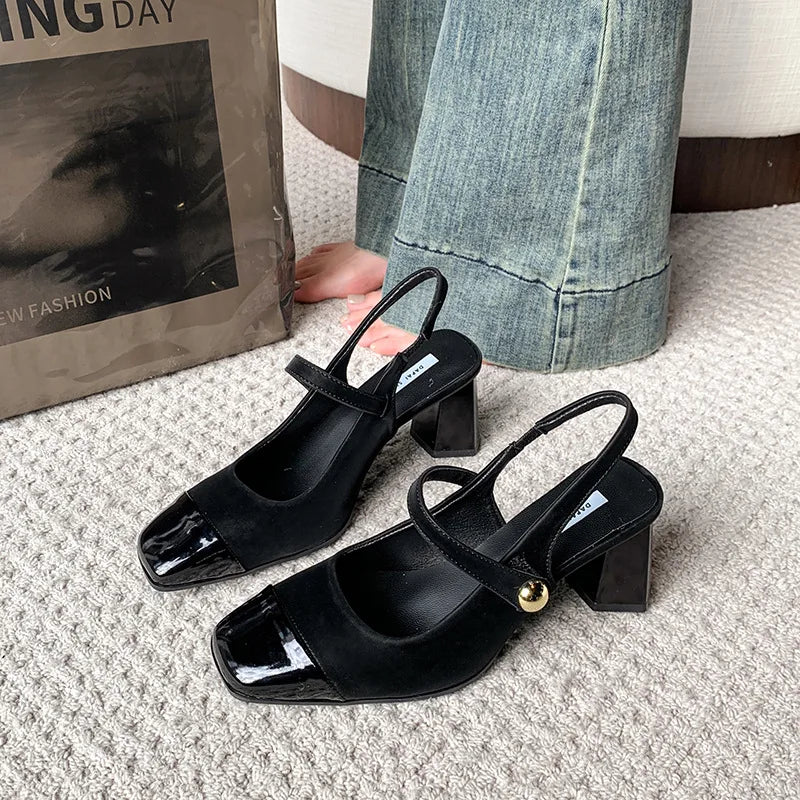 Fashionable High Heels, Summer New Style Spliced One-Strap Sandals, Sexy Exposed Heel Mid-Heel Sandals