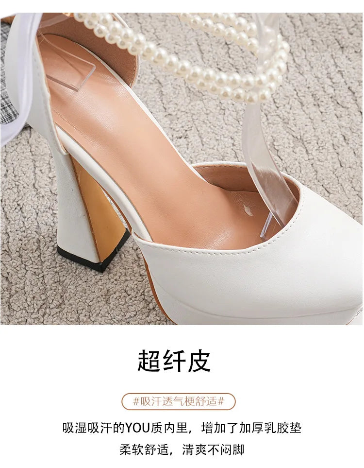 Fashion Super High Heels Sandals Bow Buckle Square Head Heels Ladies Shoes