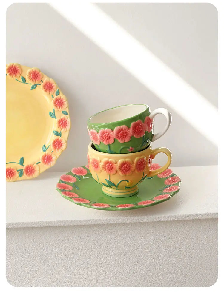 Flower Plate Embossed Small Flower Dessert Plate Ceramic Plate Under Glaze Colored Hand-painted Tableware