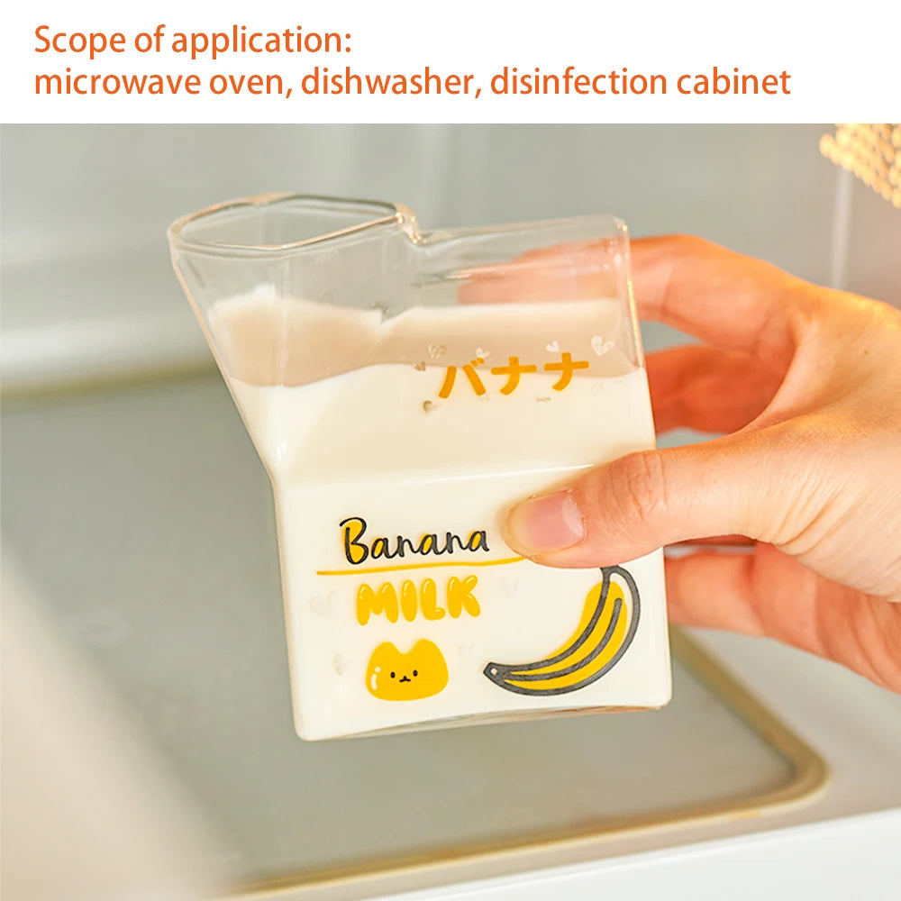 Kawaii Square Milk Carton Glass Cup Heat Resistant Cute Strawberry Peach Breakfast Cup Pudding Cup 380ml