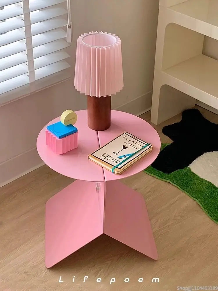 Y2K Pink Side Table - Dopamine Aesthetic Bedside Table with Magazine Rack