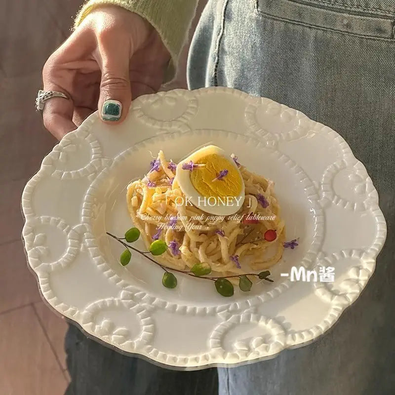 French Vintage Relief Dinner Plate White Color Carving Craft Elegant Serving Dish Decorative Platter Household Kitchenware