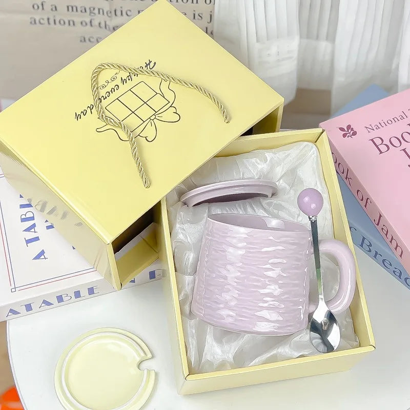 Rock-patterned Ceramic Mugs with Spoons