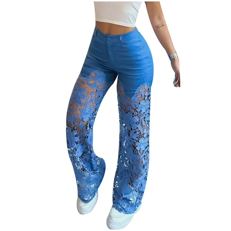 Vintage Hollow Out Lace Flowers Lady Jeans Loose Straight Denim Pants High Street Elegant Summer New Trousers Chic Fashion Pant