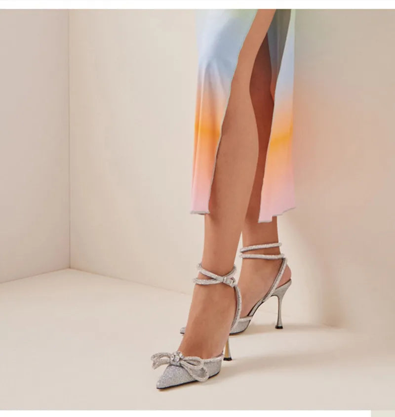 Glitter Crystal Women Pumps Sexy Ankle strap Rhinestones Bowknot High Heels