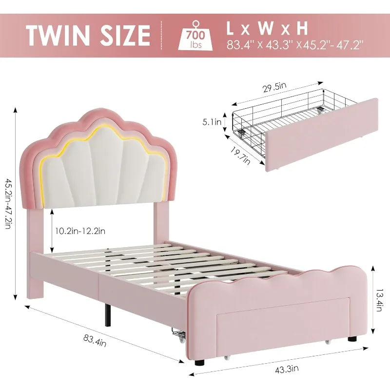 Pink/Beige Twin Upholstered LED Bed Frame with Storage Drawer, Cute Girls Bed, Velvet Princess Platform Bed Frame