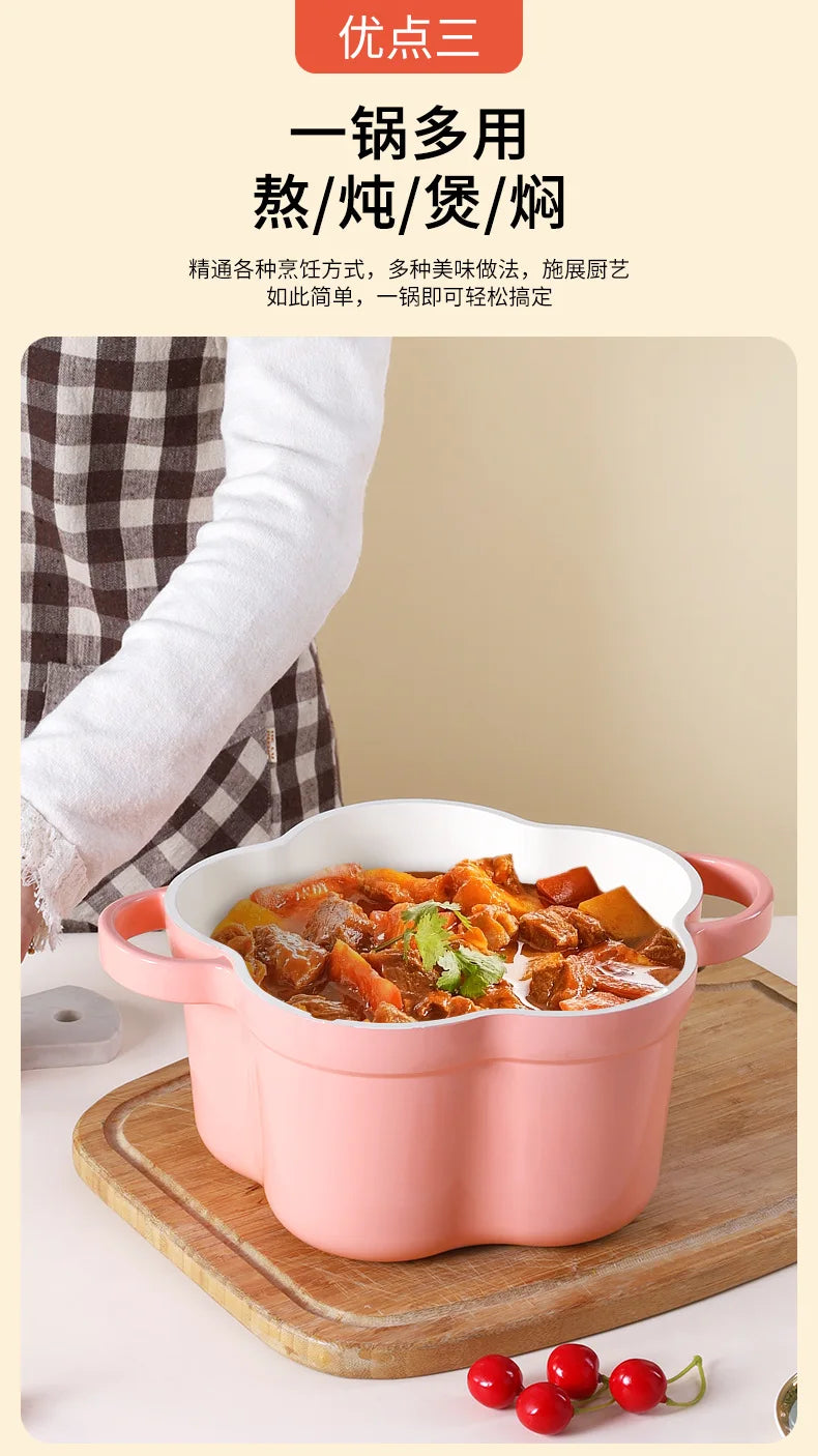 Pink Enamel Dutch Oven Non-Stick Pot Romantic Aesthetic Cooking Enameled Cast Iron Cookware Kitchen