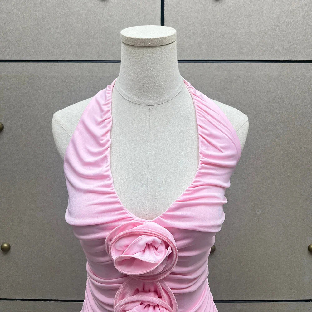 Handmade Floral Pink Women Sexy Backless Elegant Neck Sleeveless Tank Top