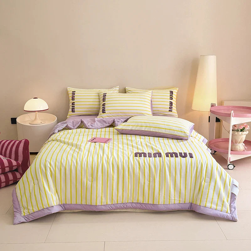 Stripe Quilt set Pink And White Bedding Set with Flat Sheet Set Soft  Fluffy Embroidery Quilt Set