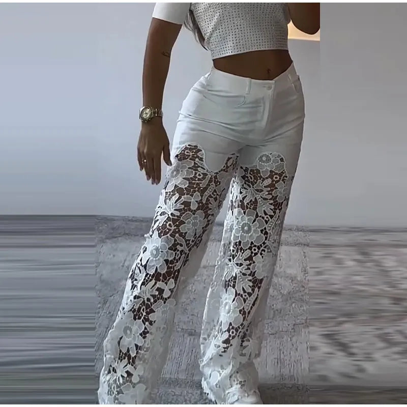 Vintage Hollow Out Lace Flowers Lady Jeans Loose Straight Denim Pants High Street Elegant Summer New Trousers Chic Fashion Pant