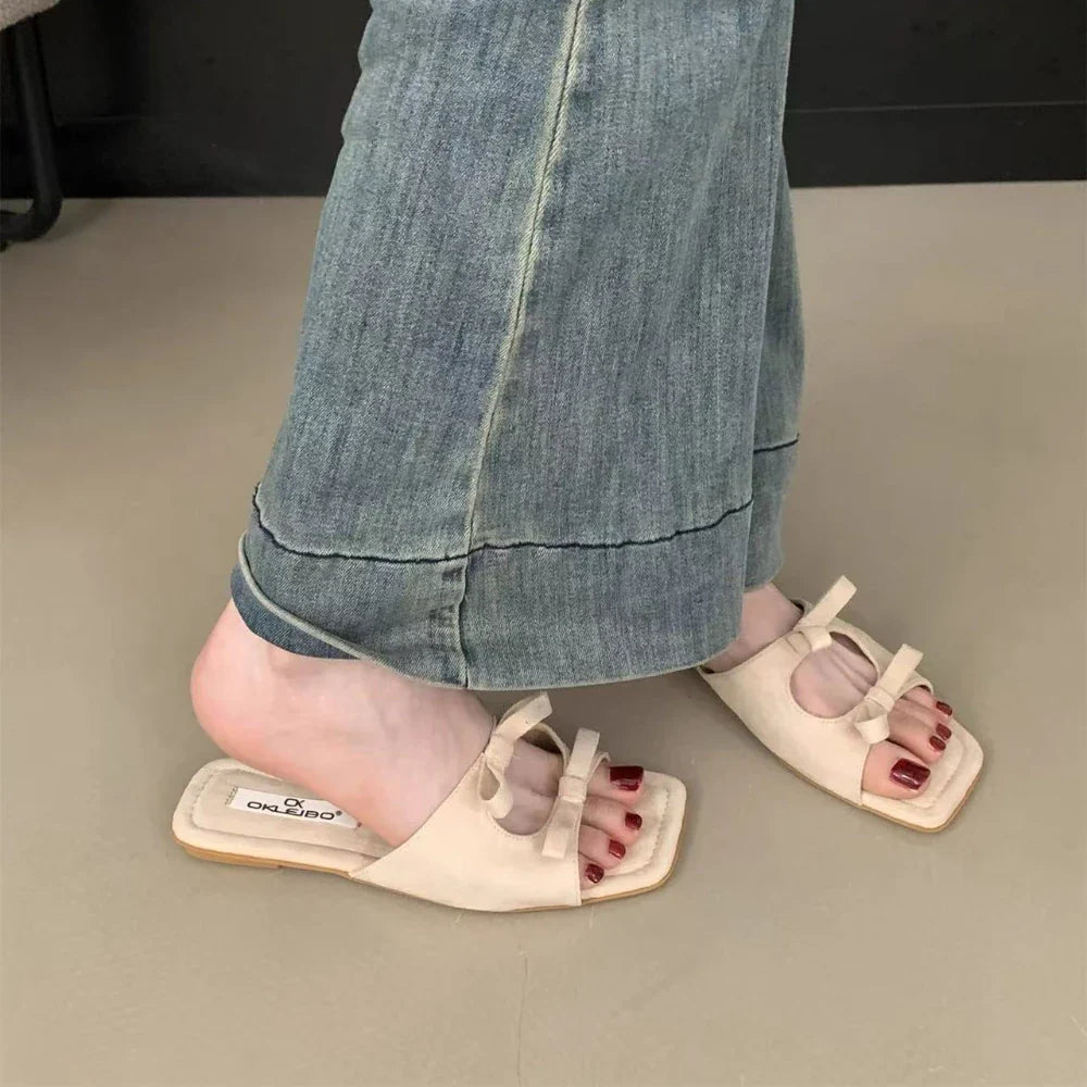 Fashion Butterfly-Knot Ladies Flats Slippers Square Toe Summer Slides Slippers Sandals Shoes For Women