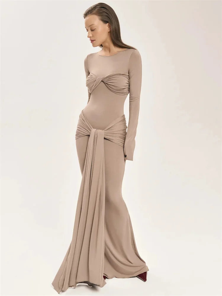 Female Pleated Sexy Maxi Dress Patchwork Twist Slim Long Sleeve Solid Women's Bodycon Dress