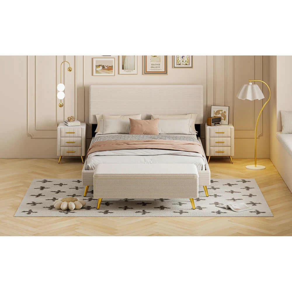 Pink 2 Pieces Bedroom Sets Queen Size Upholstered Bed Frame, Modern Corduroy Storage Ottoman