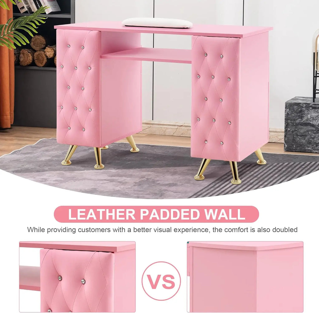 Pink Manicure Table with Drawers, Acetone Resistant Nail Desk, Spa Salon Storage Equipment