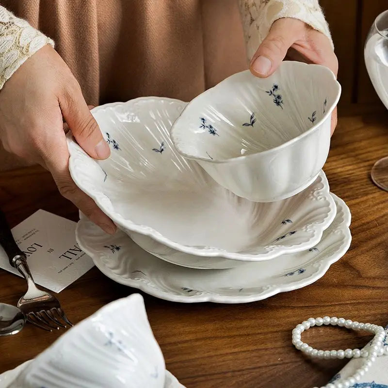 Ceramic Floral Bowl Dish Set Oval Plate New French Medieval High-end Cup Dish Set