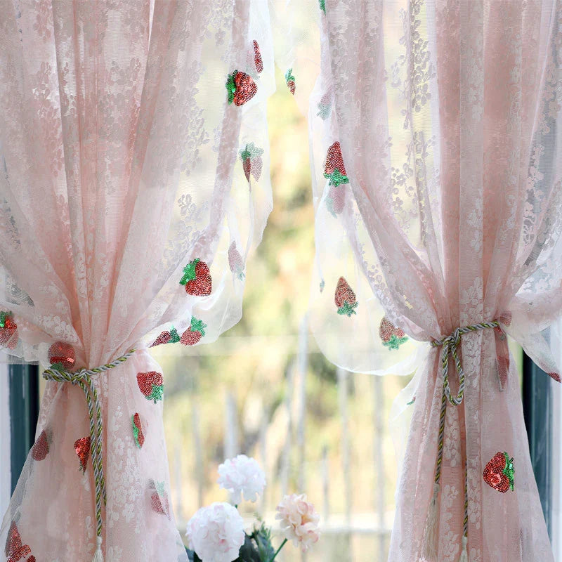 French Pink Lace Cute Strawberry Sequin Lace Curtains