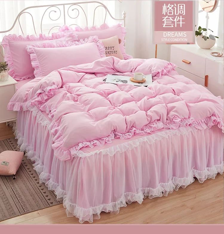 Princess Girl Pink Bedding Skirt Sheet With Lace Solid Color Bed Cover Pillowcase Decor Bedroom