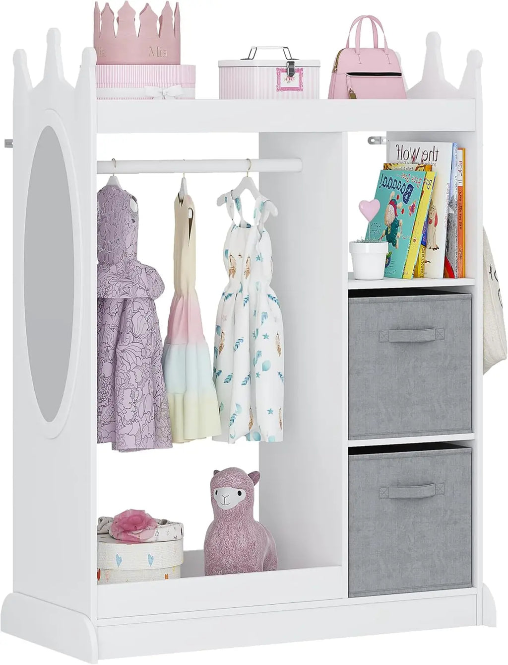 Kids Armoire Wardrobe Closet with Mirror and Storage Bin, Pink,  33.4 in W x 15.75 in D x 44.5 in H