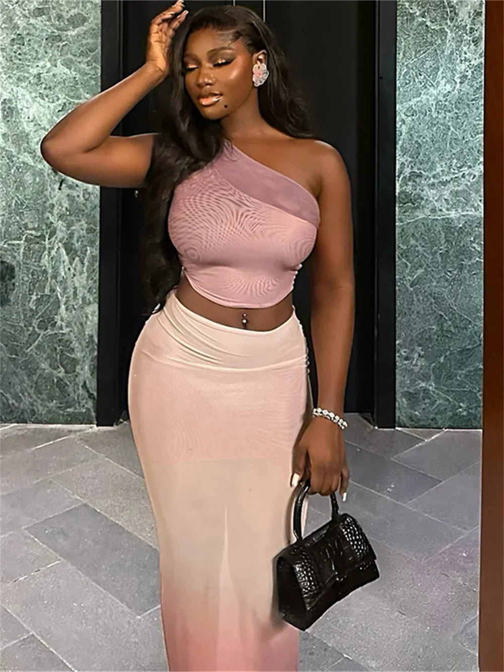 Gradient Women 2 Piece Set Elegant One-Shoulder Tank Tops+Double Deck Maxi Skirts Fashion Outfit