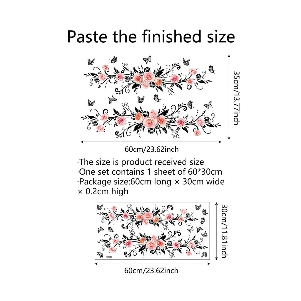 Pink Rose and Black Butterfly Glass Wall Sticker Cozy Living Room Bathroom Bedroom Double Sided Visible Self Adhesive Sticker