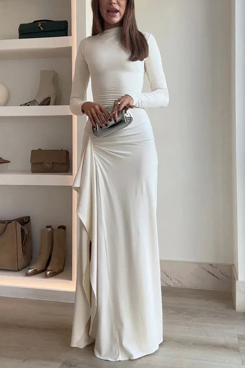 Elegant White Ruched Dresses Womens Long Sleeve Curvy Slit Evening Luxury Party Dress Winter Evening Black Gowns Red Prom Robe