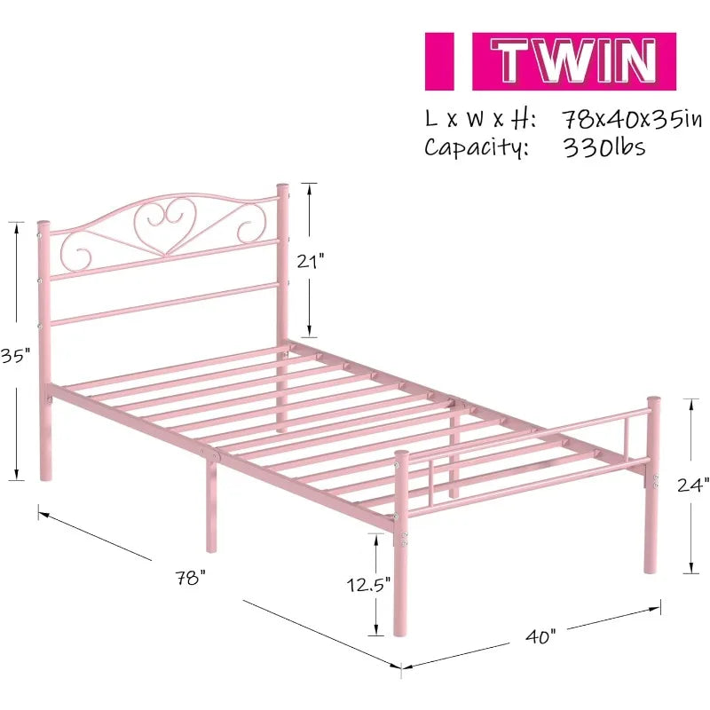 Pink Twin Size Metal Platform Bed Frame with Headboard and Footboard, Heavy Duty Mattress Foundation with Steel Slats Support 14 Inch