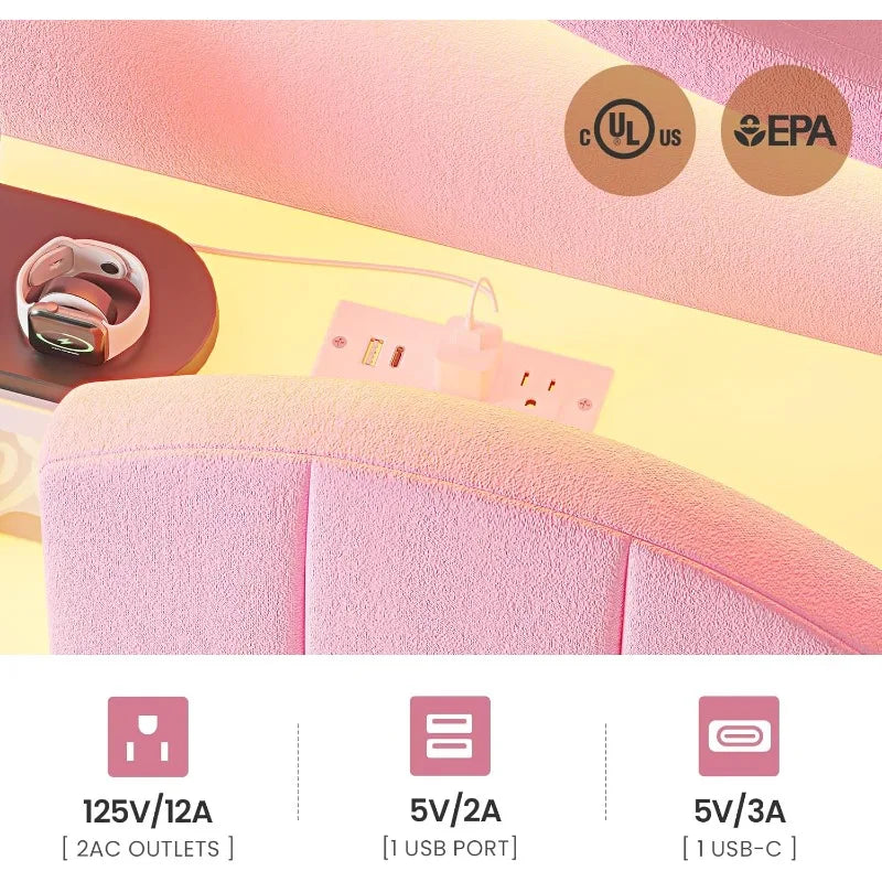 Pink Twin Bed Frame with LED Lights, Princess Velvet Upholstered Platform Bed , Headboard with Charging Station & Hidden Storage