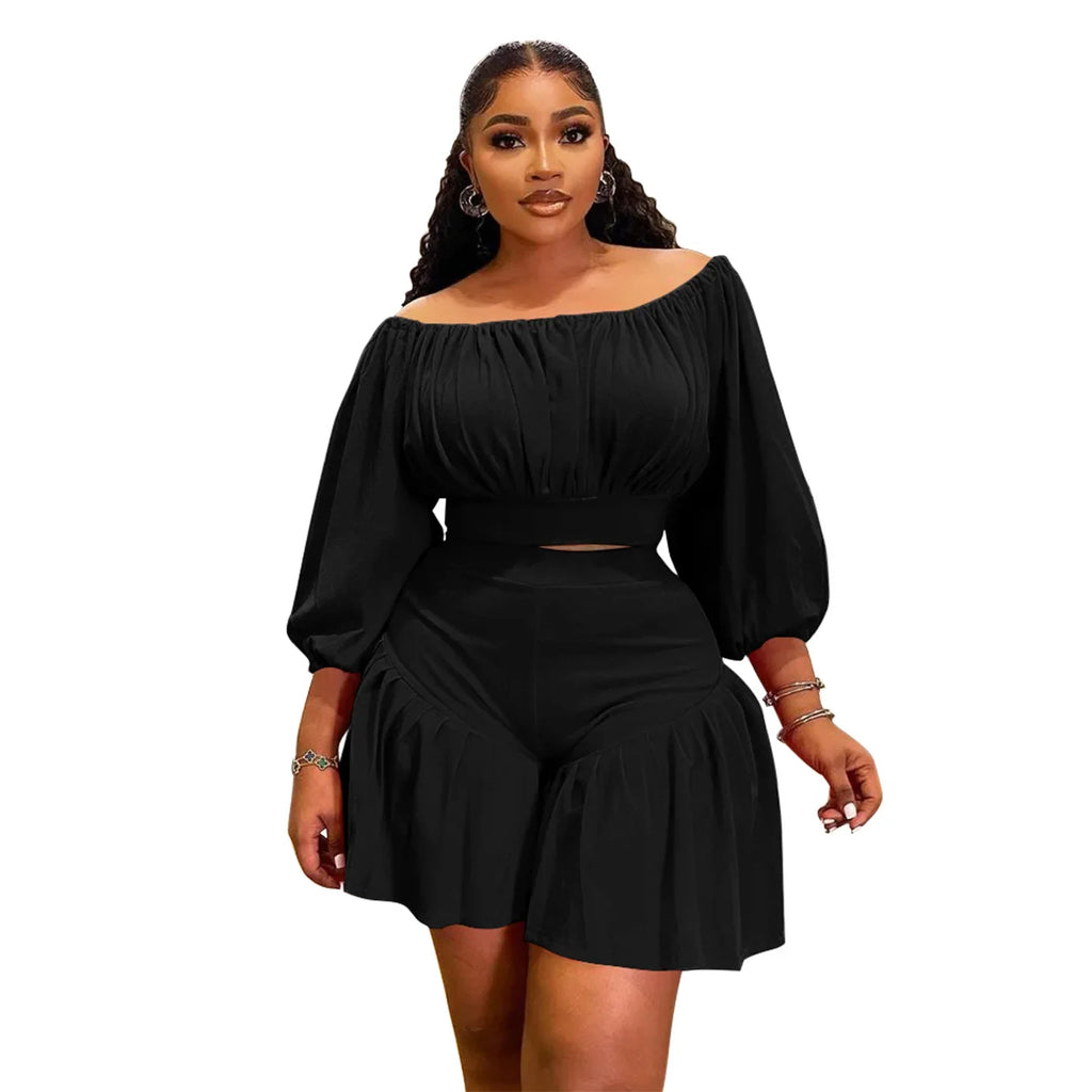 Plus Size Women's Set Long Sleeve Slash Neck T-Shirt and Shorts Summer Ruched Two 2 Piece Set Outfits Tracksuit