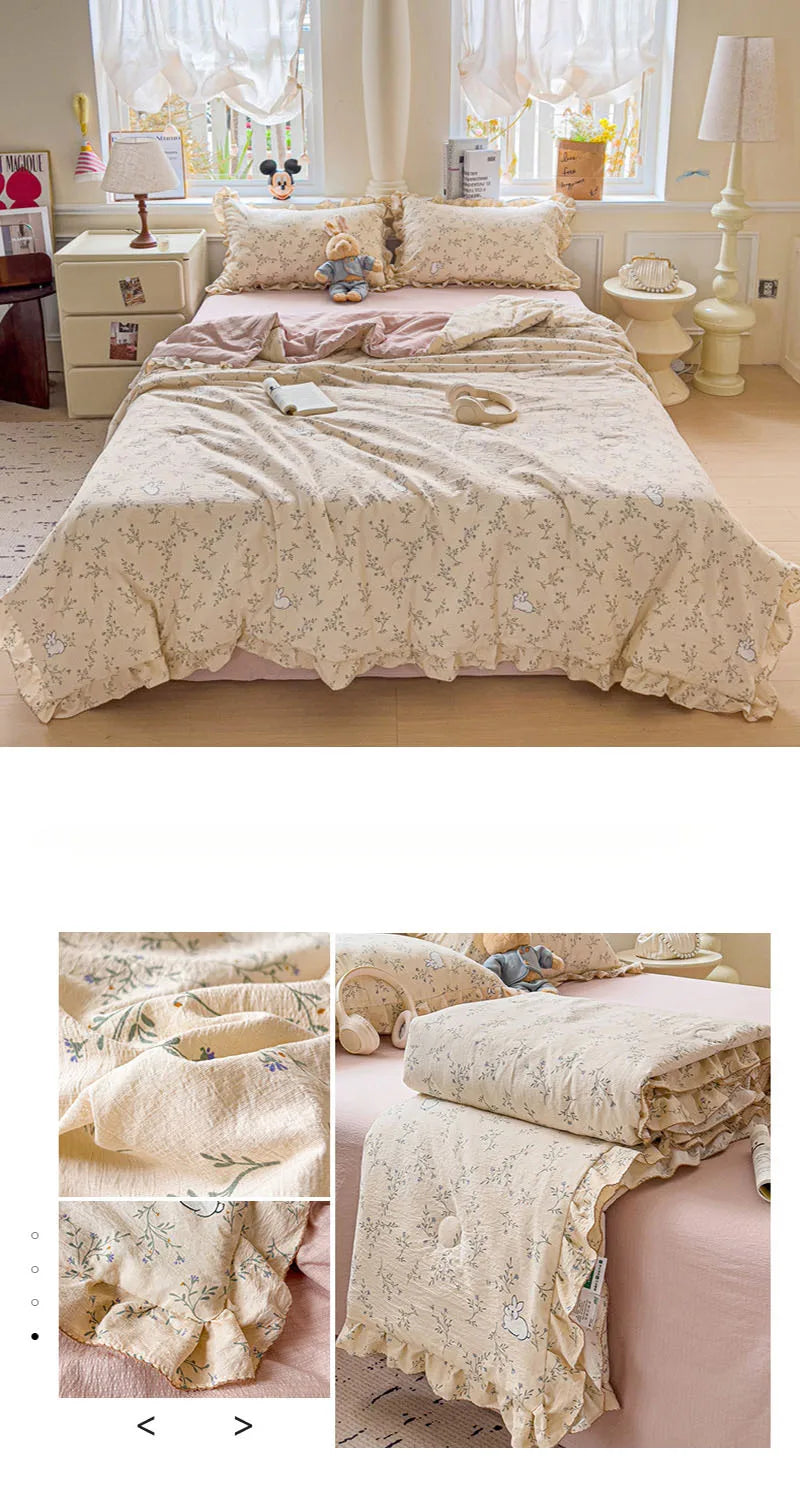Korean Quilt with Lace and Ruffle Pure Cotton Patchwork Comforter for Summer Skin-Friendly Breathable Cooling Blanket for Home