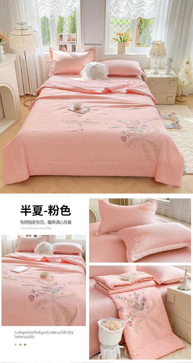 Super Soft Washed Cotton Three-Dimensional Flower Embroidered Summer Quilt Four-Piece Set