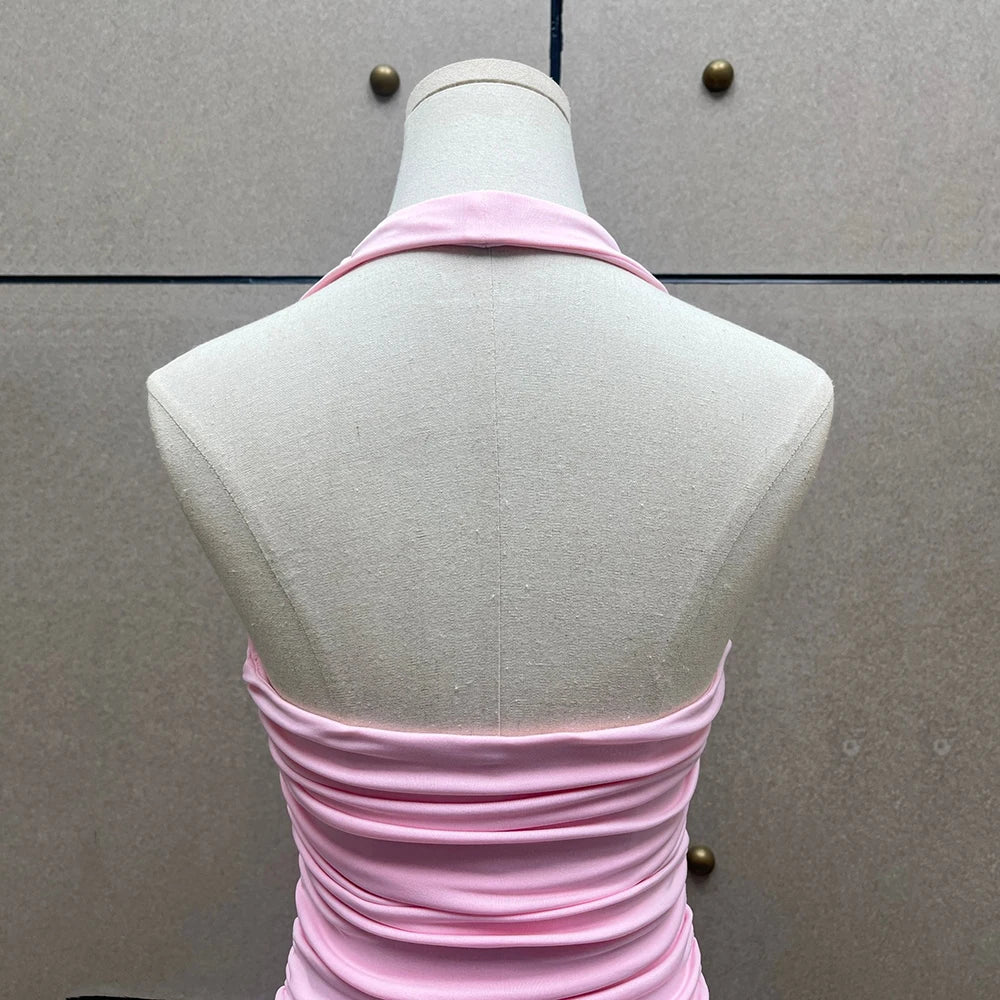 Handmade Floral Pink Women Sexy Backless Elegant Neck Sleeveless Tank Top