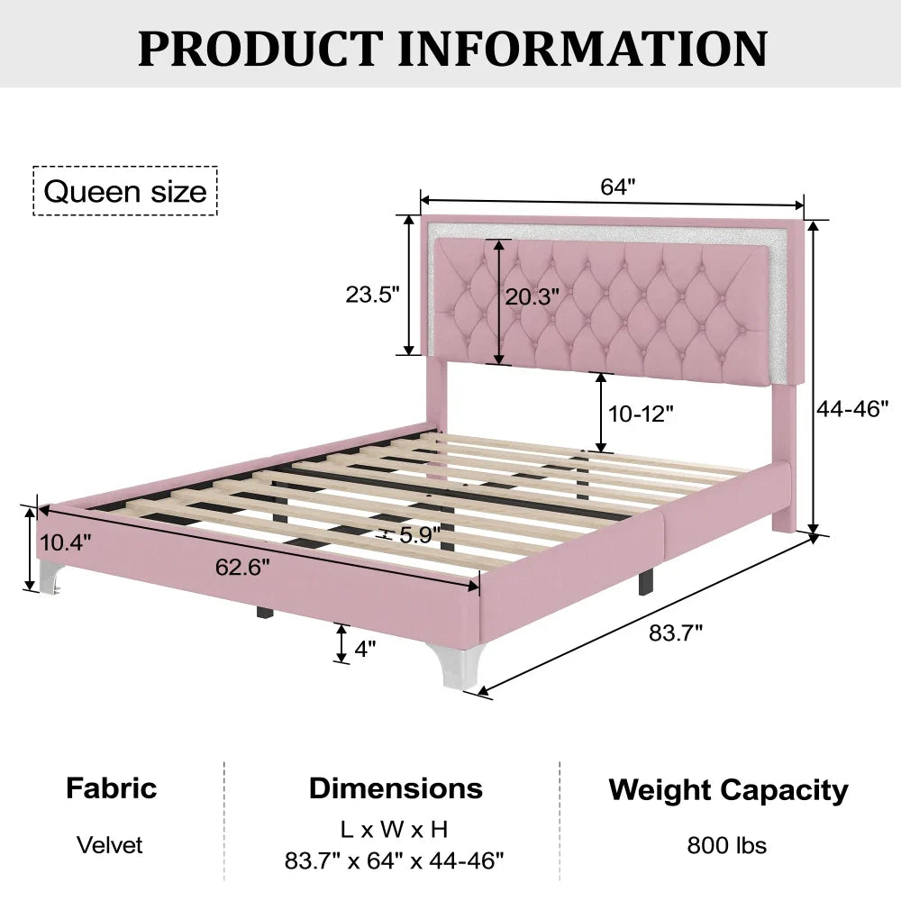 Three -Piece Upholstered Platform Bed Set with LED Lights and Nightstands Pink Velvet Foam-Filled Elegance & Ambiance Easy