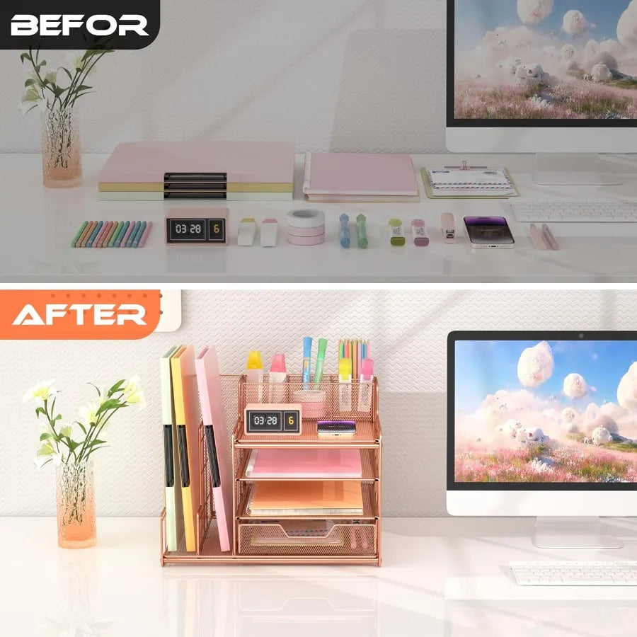 Rose Gold Desk Organizer Desk Organizers and Office Desk Accessories with Drawer + Vertical File Sorters Office Supplies