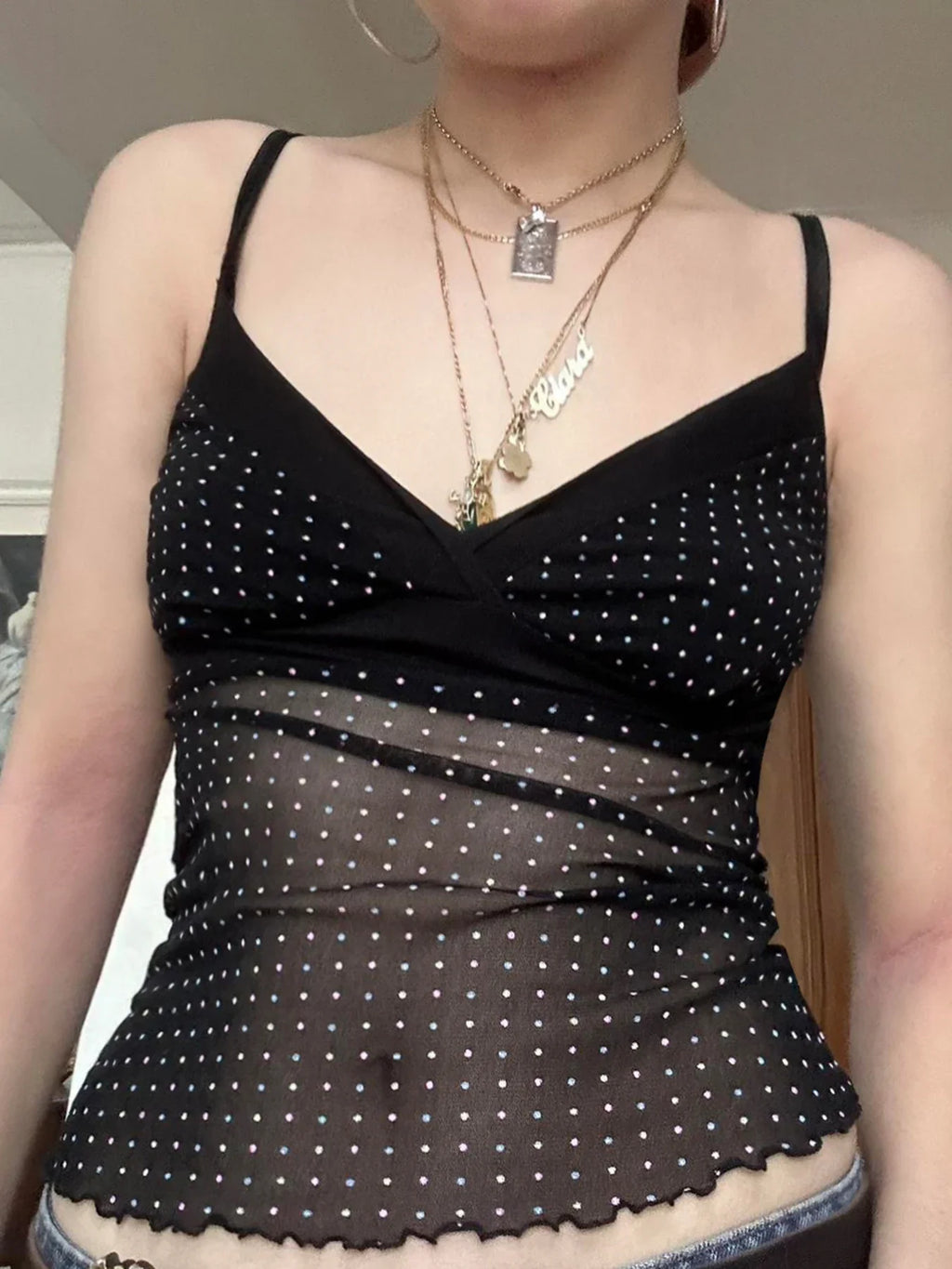 Polka Dot V-Neck Slim Fit Camisole Tops Causal Simple Basic